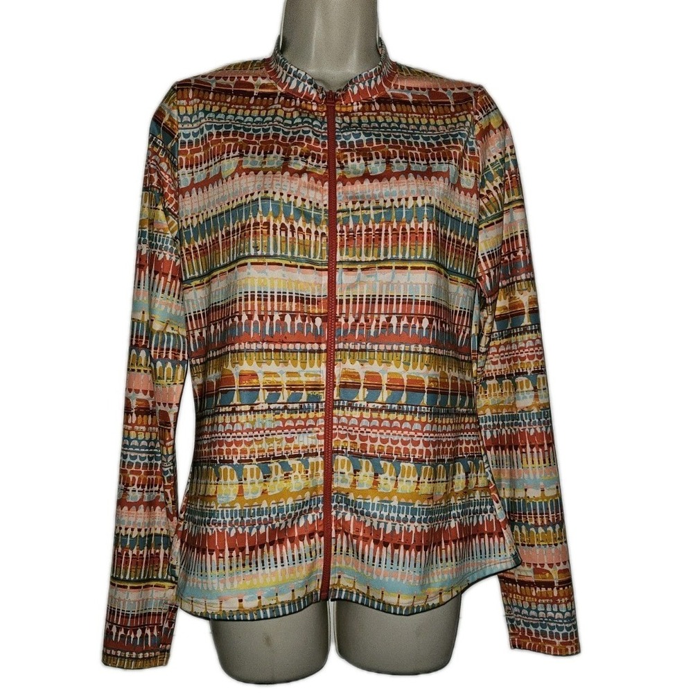 Garnet Hill UPF50+ Rash Guard Top Full Zip Geometric Swim Shirt Womens Size M